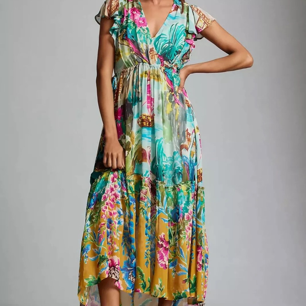 Anthropologie Colorful Flutter Sleeve Midi Dress